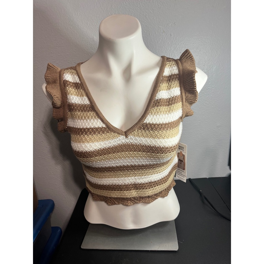 Madden NYC Crochet Knit Striped Tank Top Brown Tan White Ruffle Sleeve Small NEW